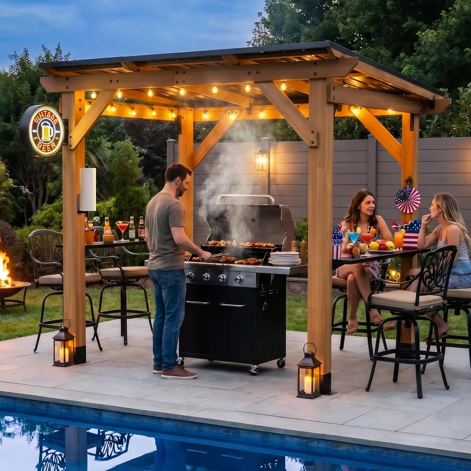 Grill Gazebo 6 x 8 FT,Cedar Wood BBQ Gazebo with 2 Metal Side Serving Shelves&Paper Holder& Bottle Opener,Permanent, Custom