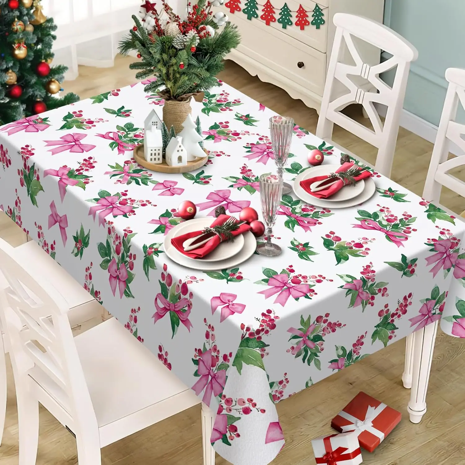 Christmas Pink Bow Berries Tablecloth for Table Decor Reusable Winter Holiday Kitchen Dining Table Runner Christmas Decorations