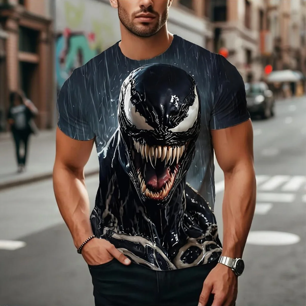 Verão masculino veneno impresso camiseta marvel rua na moda manga curta em torno do pescoço solto respirável não suor moda casual