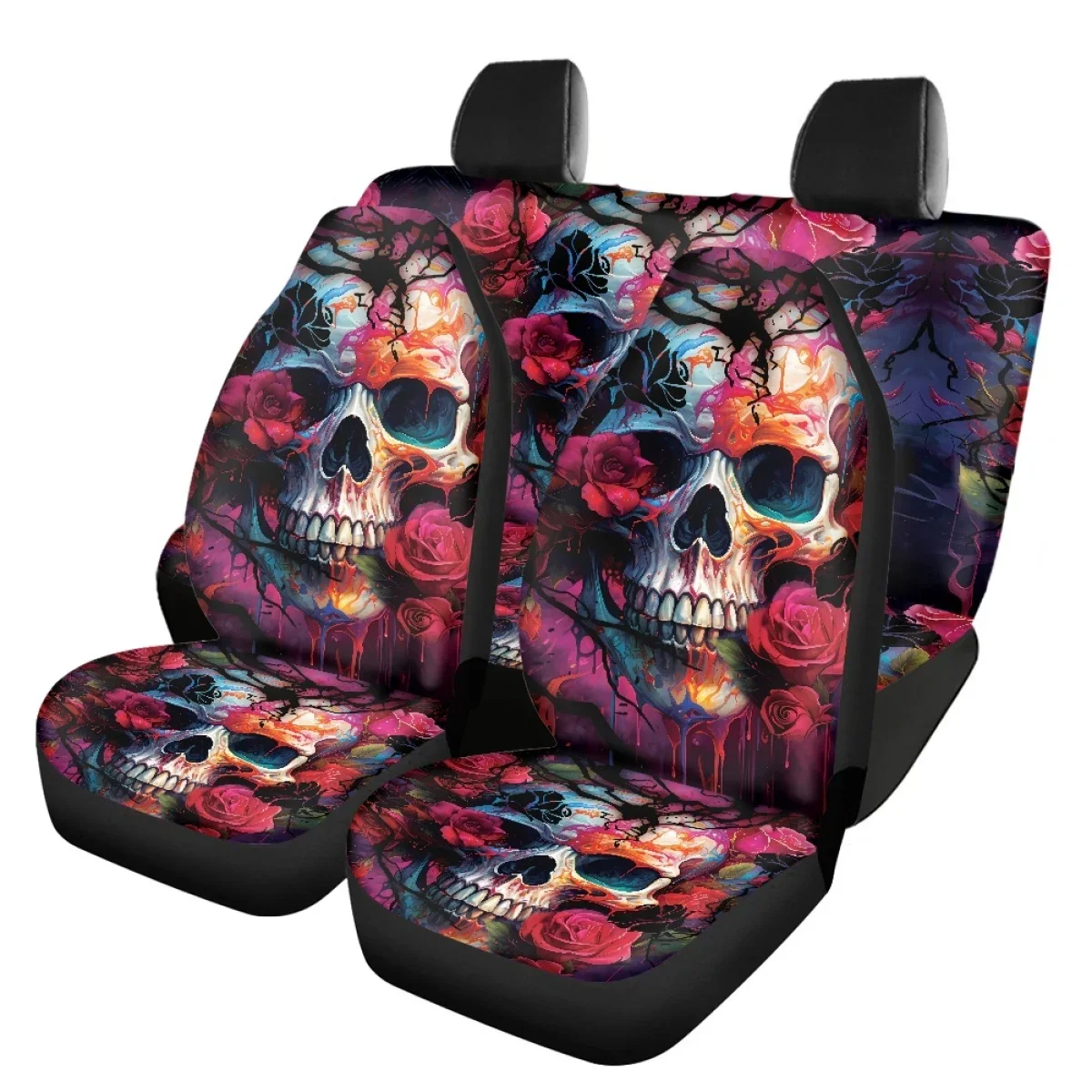 

Flower Floral Skull Printed Auto Parts Car Seat Cover Polyester Fabric 4 Piece Set Four Season Universal Front/Rear Seat Cushion