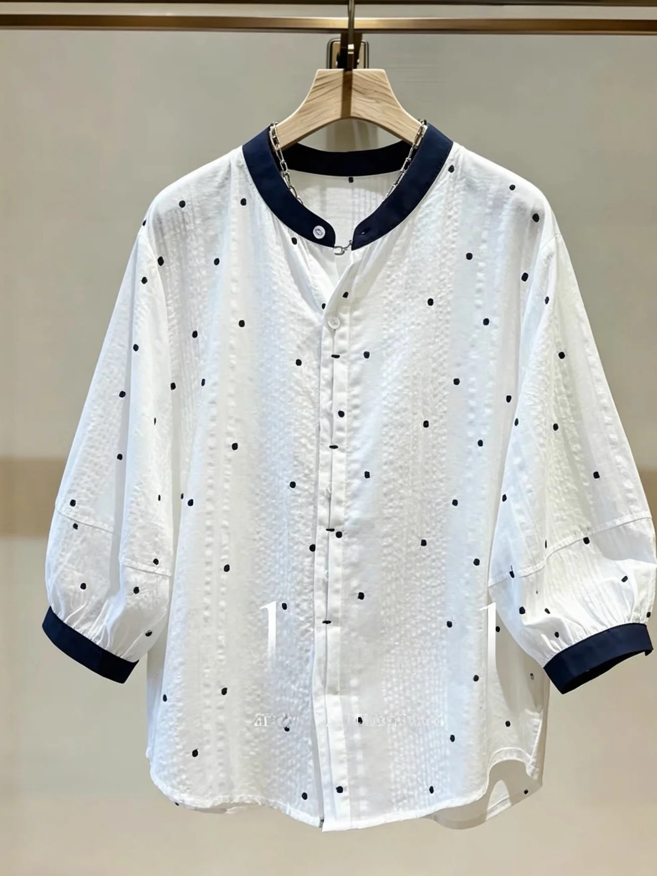 

plus Size Women's Summer Shirt Polka Dot Thin Sleeve Sun Protection Top Sweet Anti-Aging Seven Sleeve Polyester Fiber Blouse