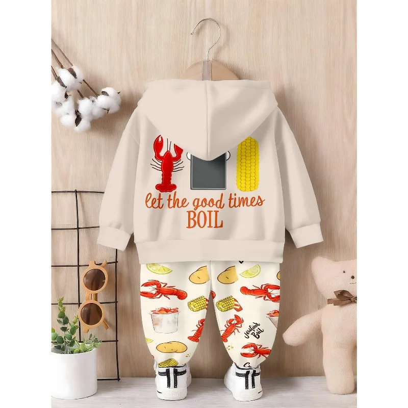 Boys 2Pcs Hoodie Jogger Tracksuit Baseball Hunting Food Theme Print Kids Sportswear Set Suitable for Outdoor, Birthday Gift