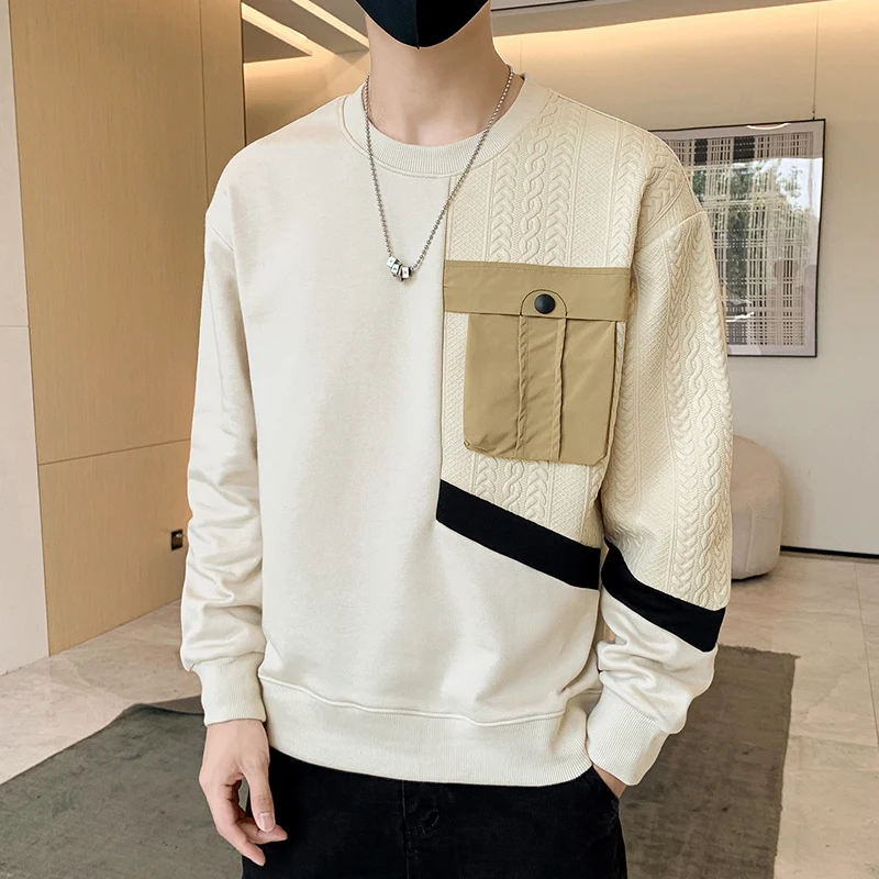 2023 Autumn and Winter Men's Pullover Round Neck New Patchwork Fashionable Pocket Loose Long Sleeved Printed Casual Hoodie