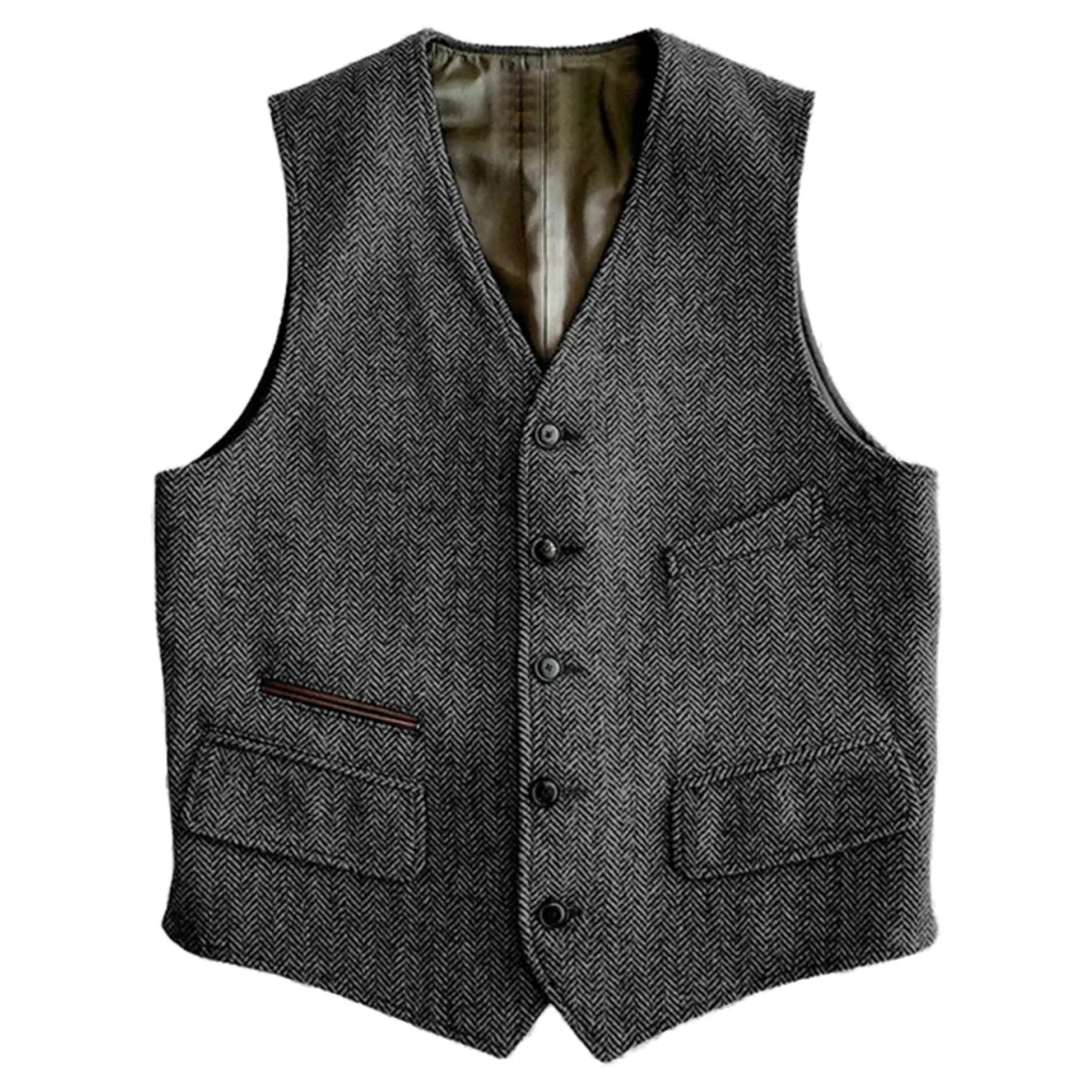 Men's Vest with Green Herringbone Pattern Single Breasted V-neck Vest for Weddings Business Offices, Daily Leisure Men Suit Vest