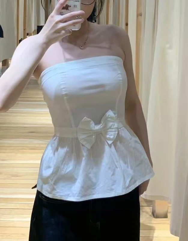 الحلو الأبيض القوس صديرية دائرية المرأة الجديدة مثير الظهر مطاطا حمالة عادية القطن سترة دون أكمام لطيف نمط Preppy المحاصيل تانك القمم