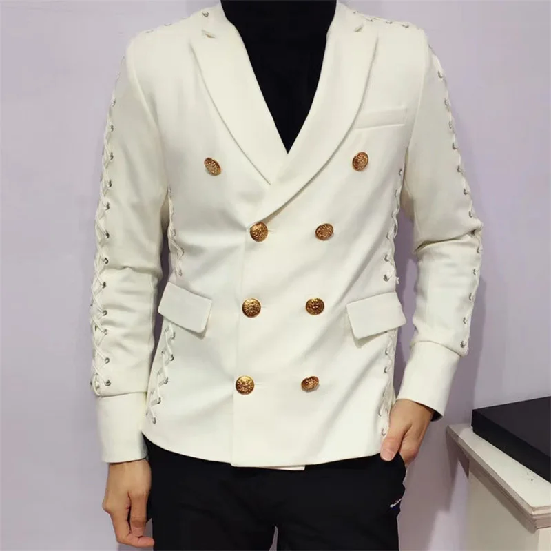 White Night Show Men Korean FAShion Stylist Blazer Slim Fit Thin Belt Trendy Jacket Lapel High Quality Lace Blazer Male