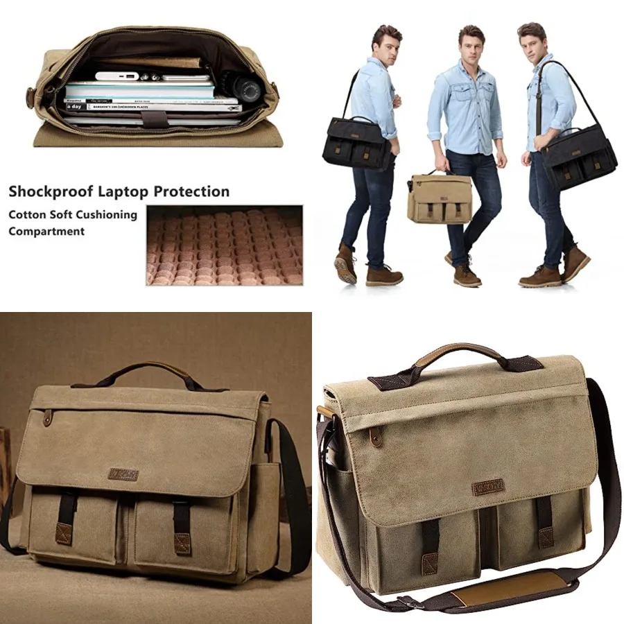 

Messenger Bag for Men, VASCHY Vintage Water Resistant Canvas Satchel 14 15.6 17inch Laptop Briefcase