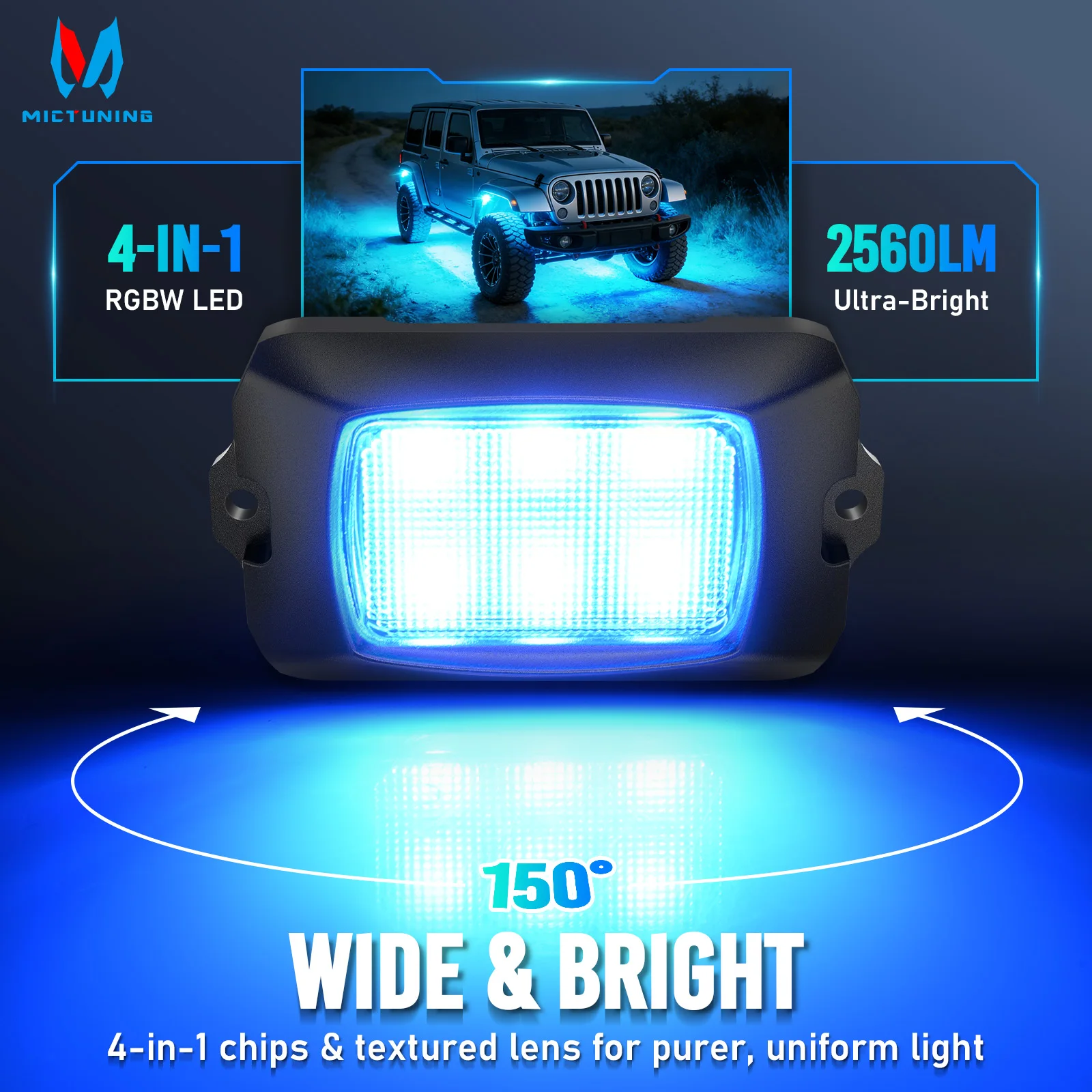 MICTUNING 8Pods RGBW LED Rock Lights Offroad Music Remote Control Underglow Neon Lights with Wiring Switch Kit IP68 Waterproof