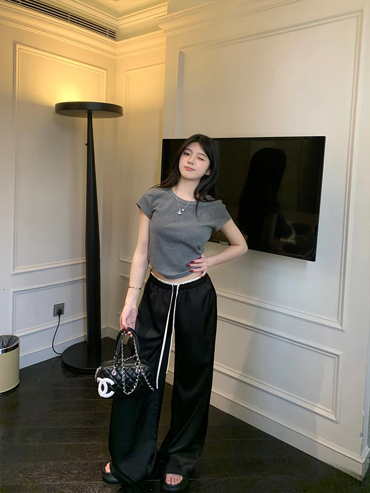 

Женские тонкие однотонные брюки с поясом, длинные, до пола, повседневные, летние, широкие, драпированные, из атласа, удобные, для офиса