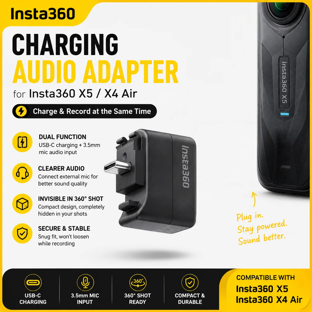 3.5mm Audio Input Charging Converter for Insta360 X5 X4 Air, Enables Charging & Recording Without Obstructing 360 Footage