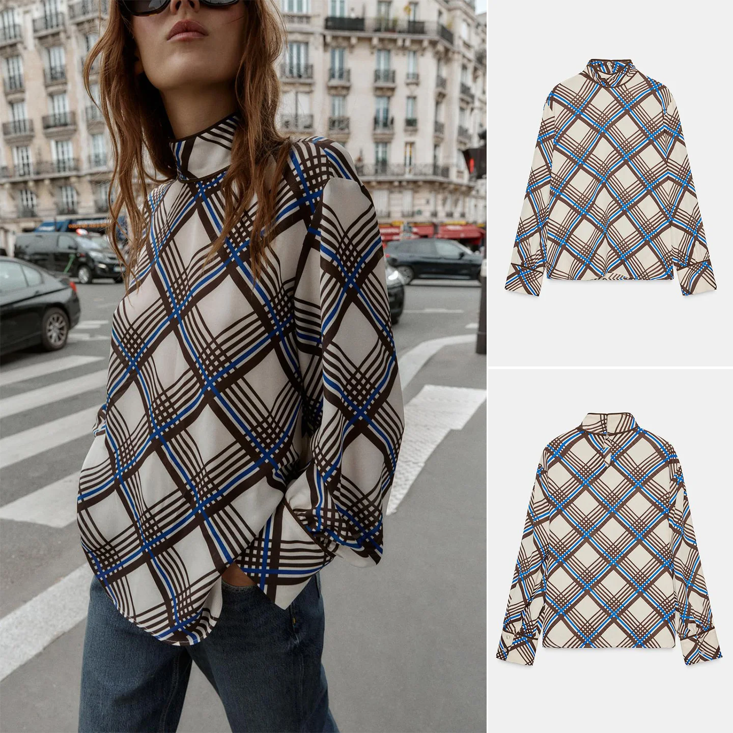 가을 겨울 신상 여성 캐주얼 슬리브 하이 칼라 롱 슬리브 체크 패턴 히든 버튼업 탑 9323262