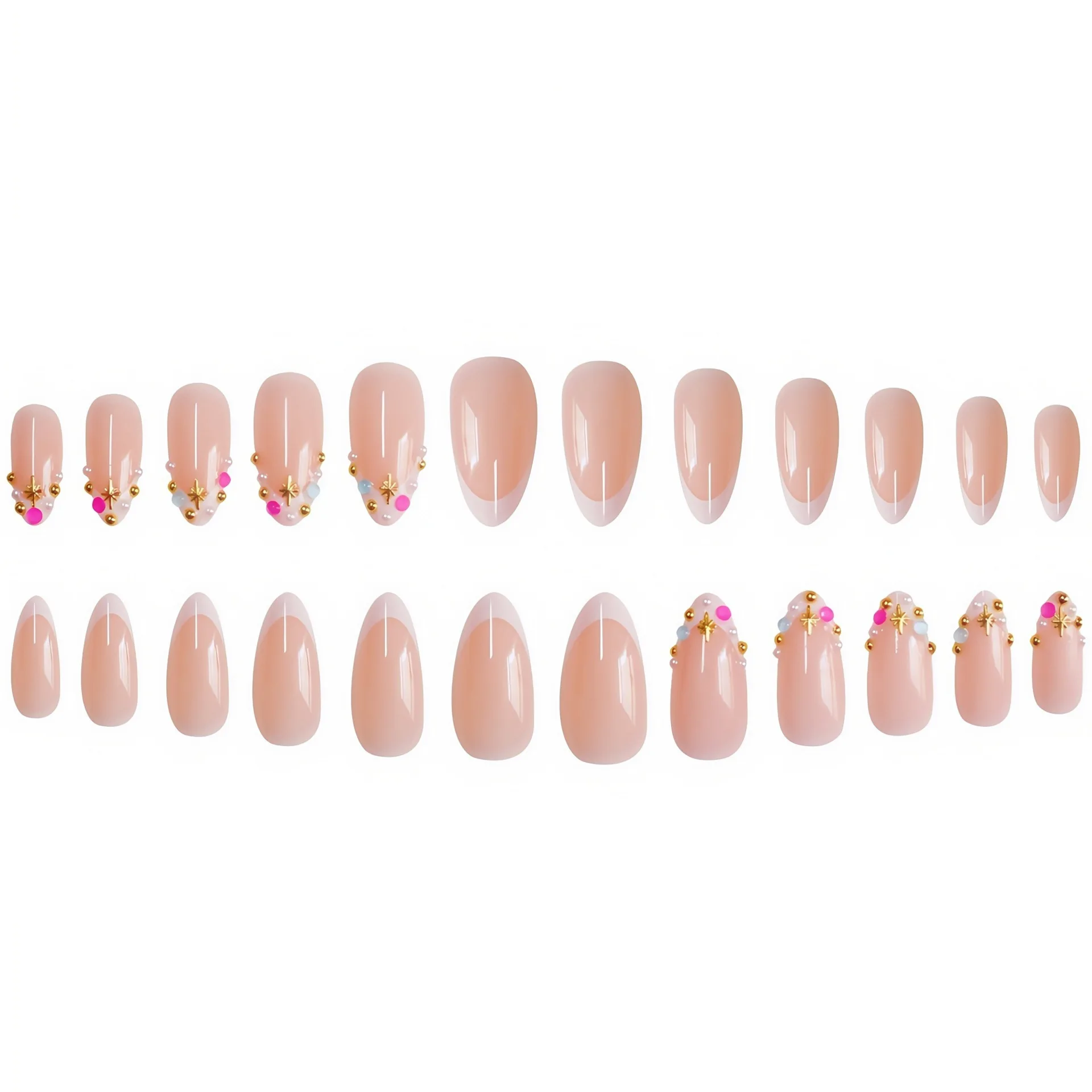 24pcs Medium Almond White French False Nails 3D Candy Color Pearls Alloy Staburst Nail Charms Wearable Press On Nails Fake Nail