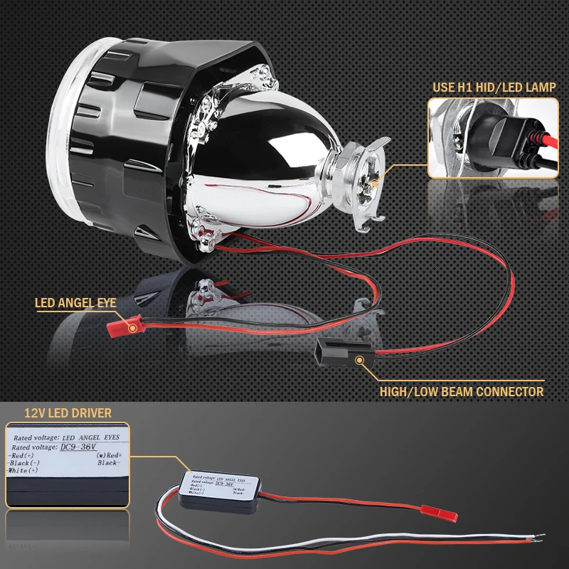 Mini 2.5 Inches Bi-xenon Projector Lens Head Light 80mm LED Angel