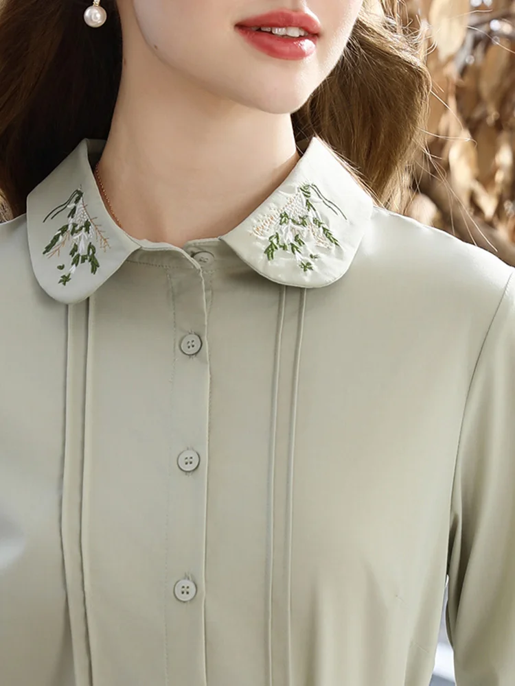 I BELIEVE YOU Green French Long Sleeved Shirt 2025 Autumn Lapel Embroidered Top Lace Up Waist Shirts Office Lady 2243055805
