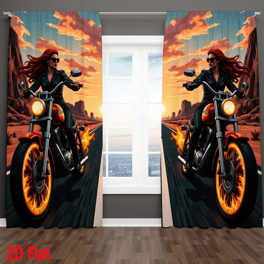 Biker Girl Motorcycle Curtain, Fiery Wheels Desert Sunset Window Drapes, Cool Rocker Style Decor for Living Room Bedroom