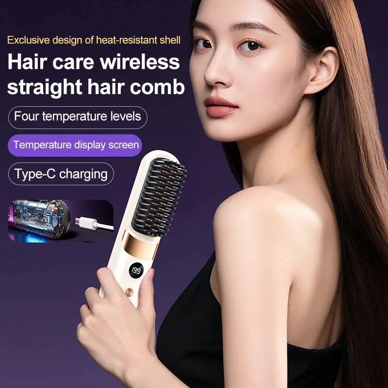 

Wireless Straight Hair Comb Portable Home Straight With Digital Display Straight Roll Dual-Use USB Charging Quick Styling Tool