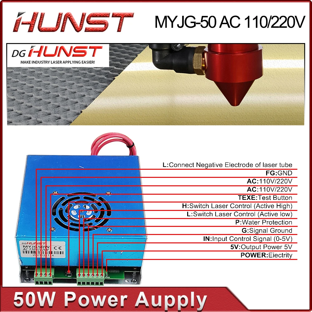 Hunst MYJG 50W CO2 Laser Power Supply 110V/220V Laser Generator For 40~60w CO2 Engraving Cutting Machine Glass Tube