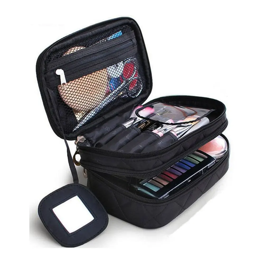 Borsa per il trucco da viaggio borsa per cosmetici per donna borsa per il trucco nera Organizer a 2 strati borsa per la conservazione in Nylon