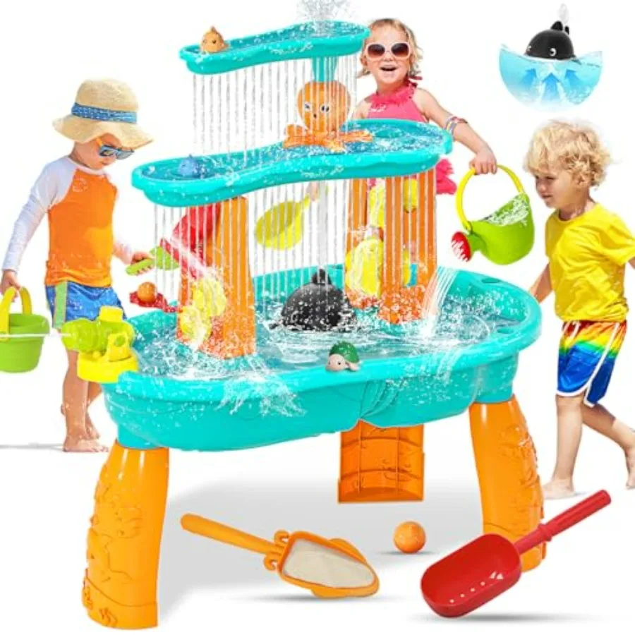Outdoor toddler water table for sensory play: 3-tier sand and water activity set with pump, rain showers, splash pond, and acce