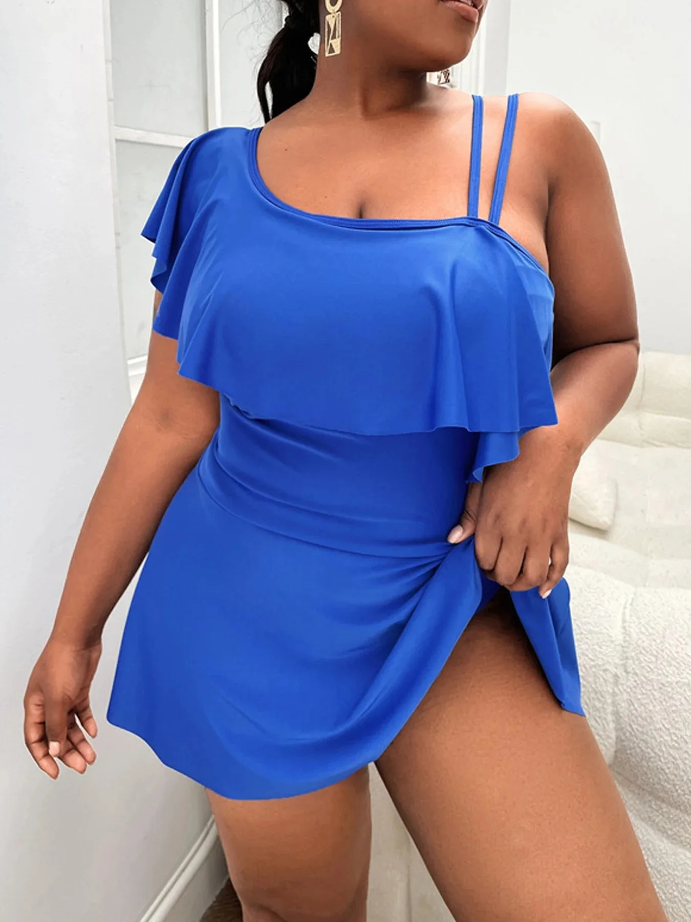 2026 VigoJany Black Plus Size Women's One Shoulder Ruffle Two Piece Tankini Set Swimsuit Bathing Suit