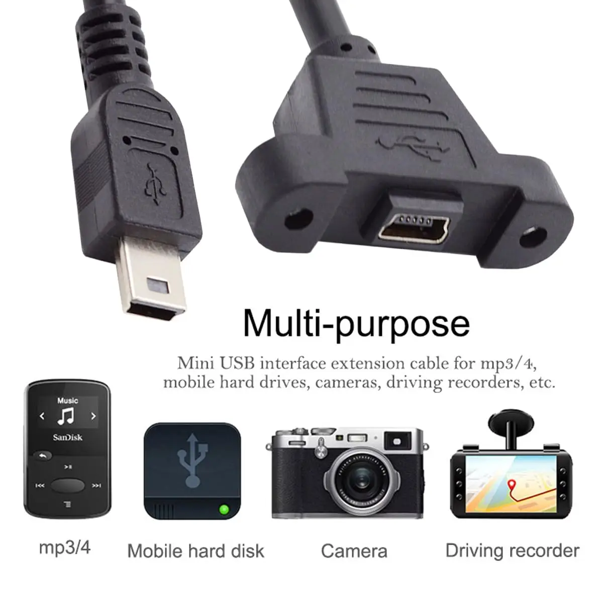 Micro Type USB USB 2.0 Male Connector to Type-c Mini USB 5pin Female Extension Cable Pitch 17mm With Screws Panel Mount Hole