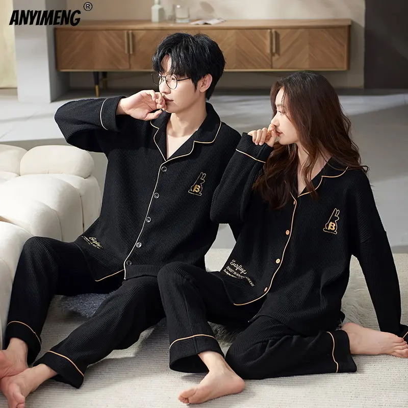 Waffle Cotton Sleepwear New Women Men Spring Autumn Couples Pajamas Set Lovers Nightgown Turn-down Collar Pijamas Home Clothes