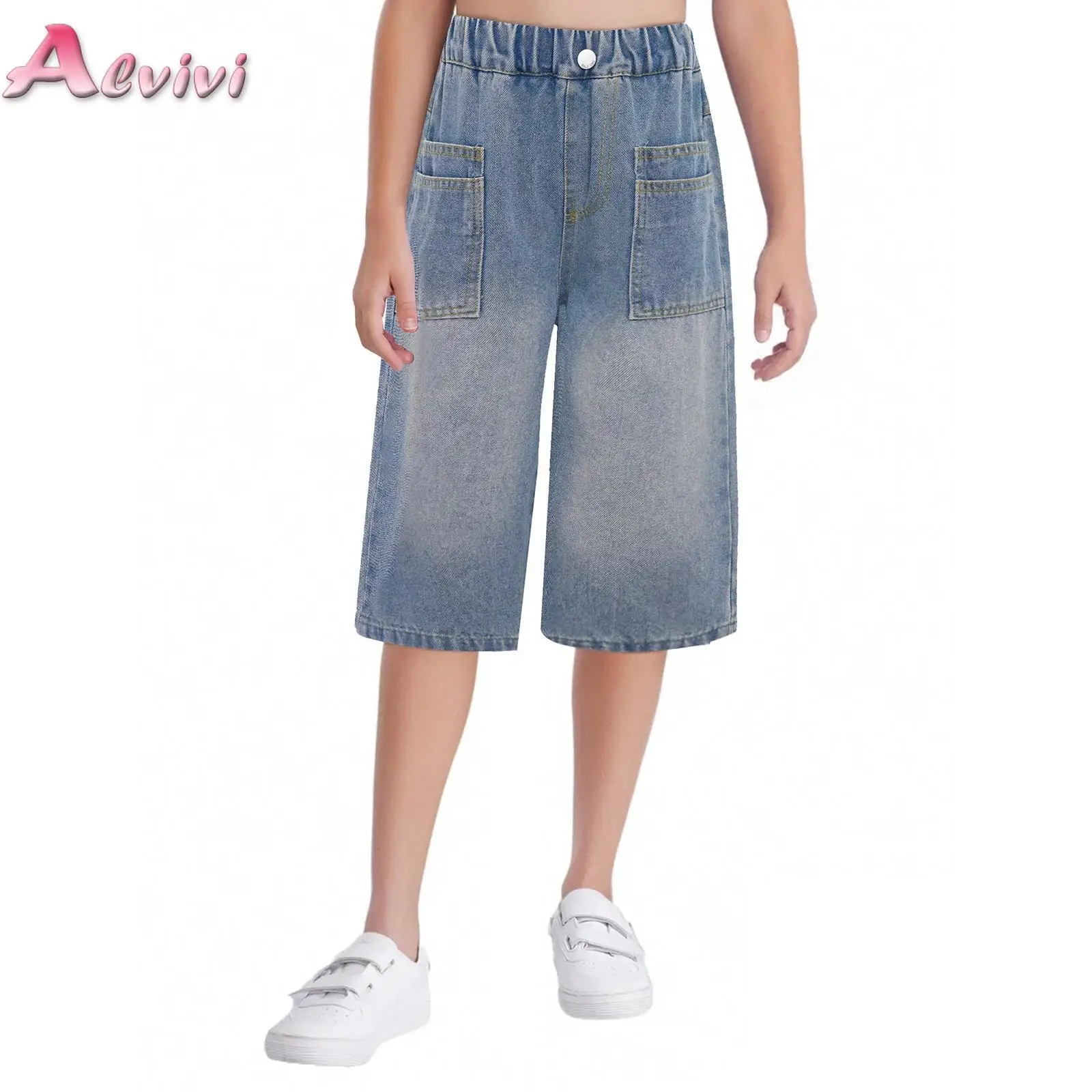 

Summer Fashion Kid Girls Denim Shorts Elastic Waistband Wide-Leg Cropped Jeans 5-16Y Girl Pockets Shorts