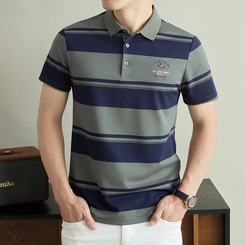 Luxuriöses Sommer-Herren-Poloshirt mit Kurzen Ärmeln, Kragen und Knöpfen, Hochwertige Stickerei, Modische Streifen, Atmungsaktive Herrenkleidung – Detail 16