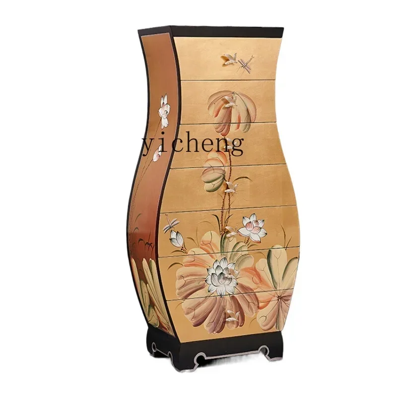 l2 new Chinese gold foil painted lotus bedroom multi-bucket storage locker living room TV cabinet