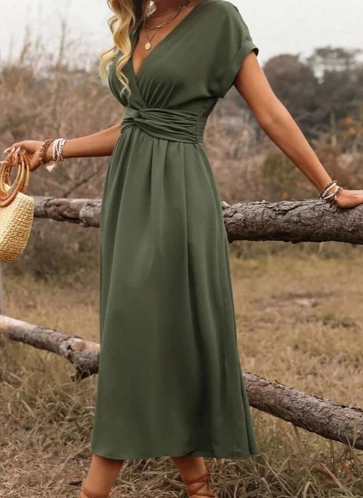 Woman Clothing Deep V Neck Wrap Midi Dress Short Sleeve Tie Waist Casual Boho Style
