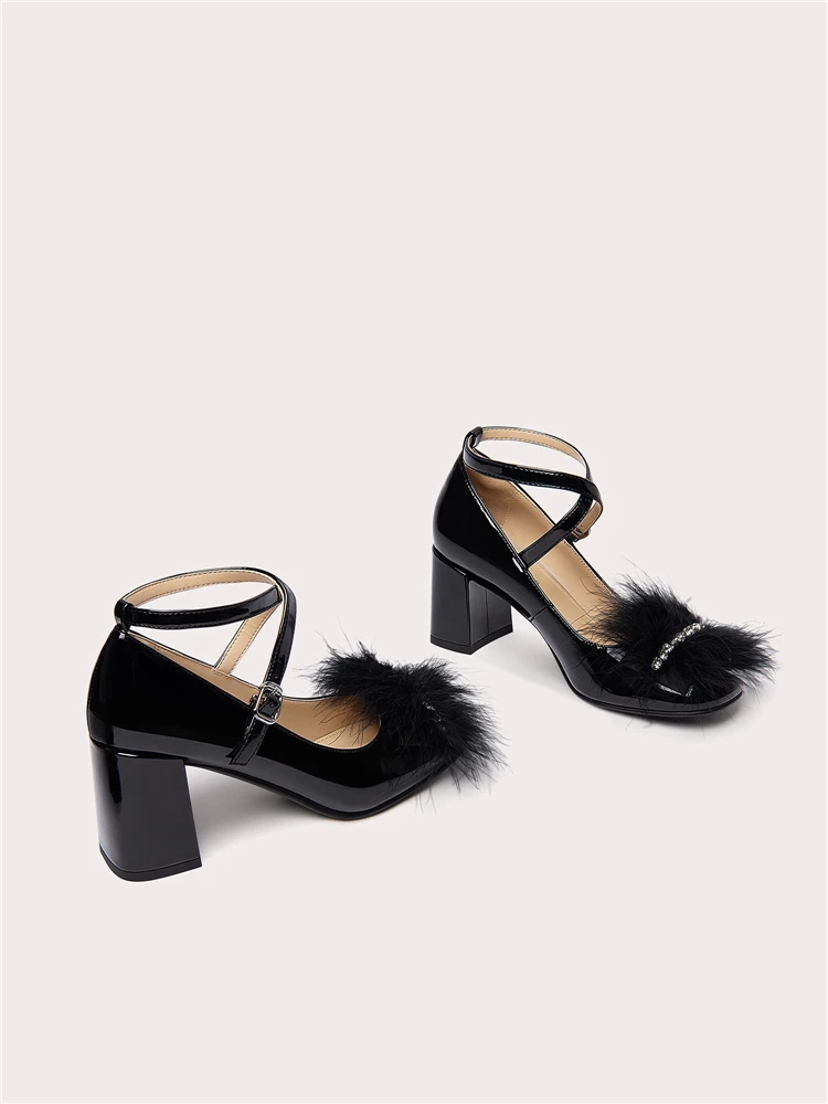 Spring new square toe patent leather rhinestone fur single shoes square heel high heel banquet large size small size women shoes