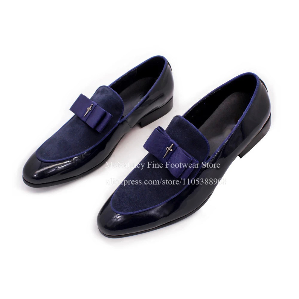 Luxury Suede and Patent Leather Bow Loafers Men's Fashionable Slip on Formal Shoes Business Wedding Party Dress Shoes for Men