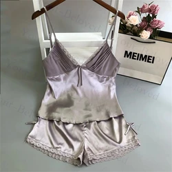 Sexy Lace Trim Lingerie Bigsize 3Xl Home Clothing Lady Summer New Pajamas Suit Champange Pink Strap Top&shorts Nightwear