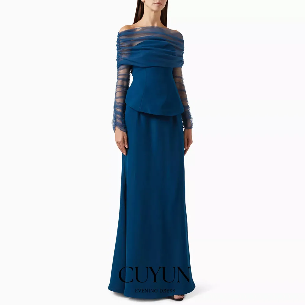 CUYUN Customized Navy Blue Evening Dresses Boat Neck Tulle Long Sleeve Floor-Length Prom Party Gown Wedding Guest Wear for Party