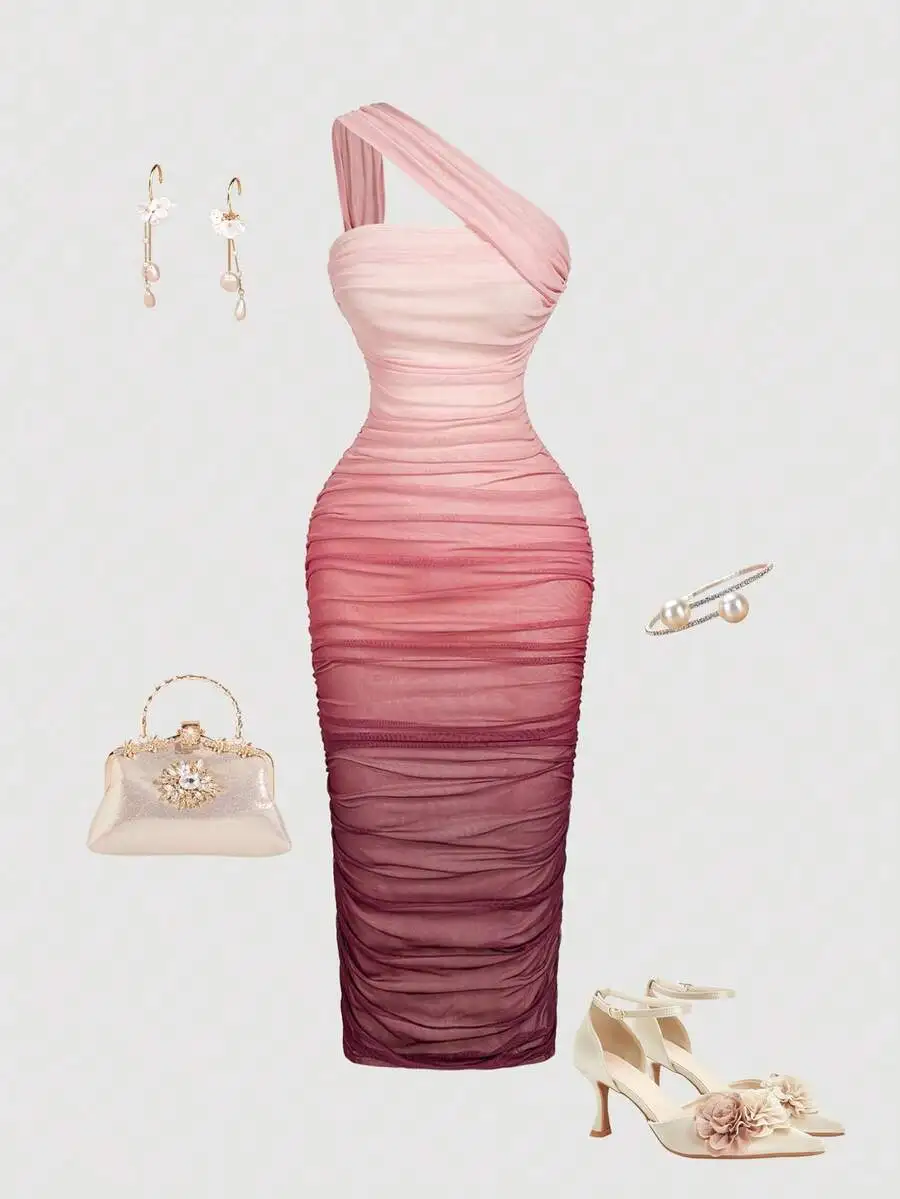 

Ombre Ruched One-Shoulder Bodycon Midi Dress with Mesh Detail