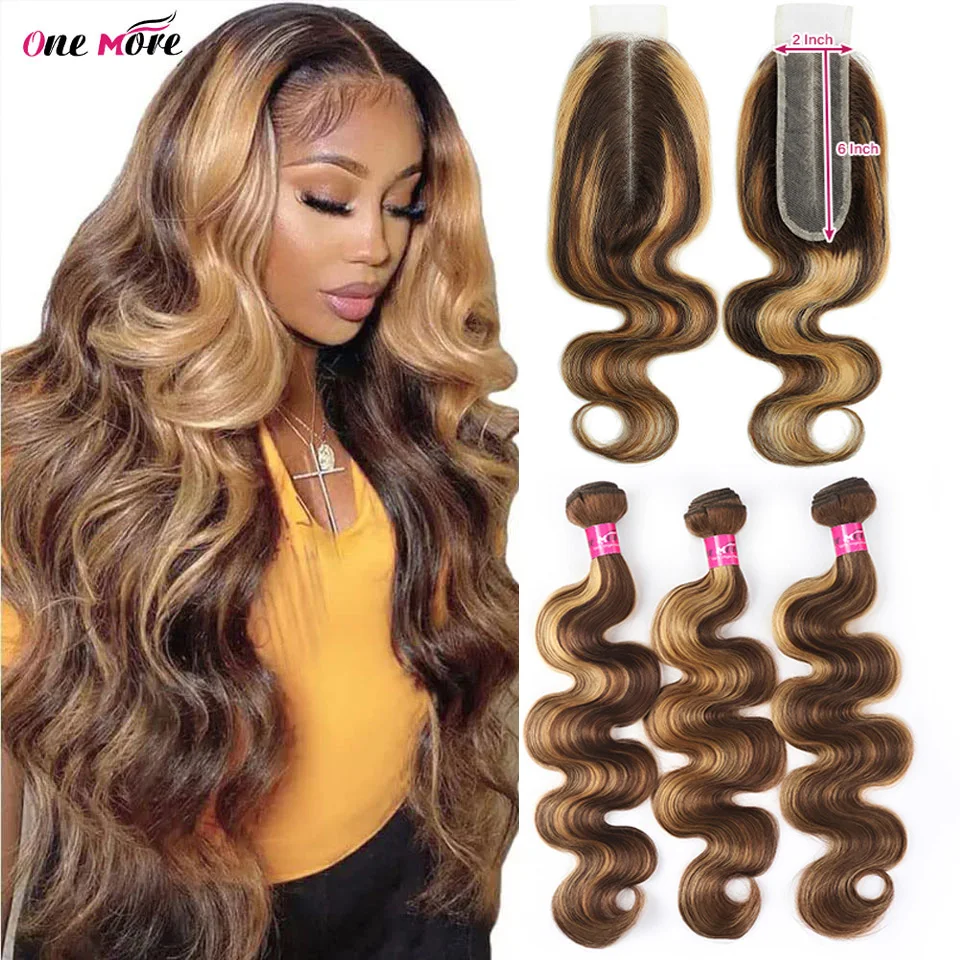 

2x6 Closure With Bundles Honey Blonde Body Wave Bundles With Closure Ombre Colored Highlight Human Hair Bundles With Closure