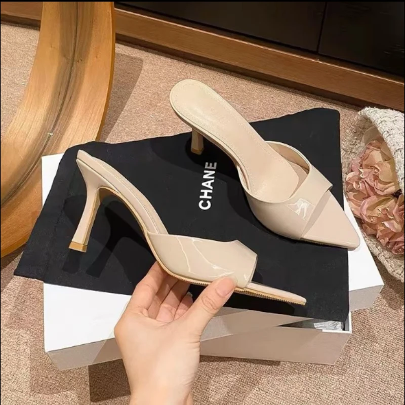 

Women's High Heel Slippers Thin Heels Pointed Toe Solid Slippers Women Dress Banquet Summer Mature Concise Zapatillas De Mujer