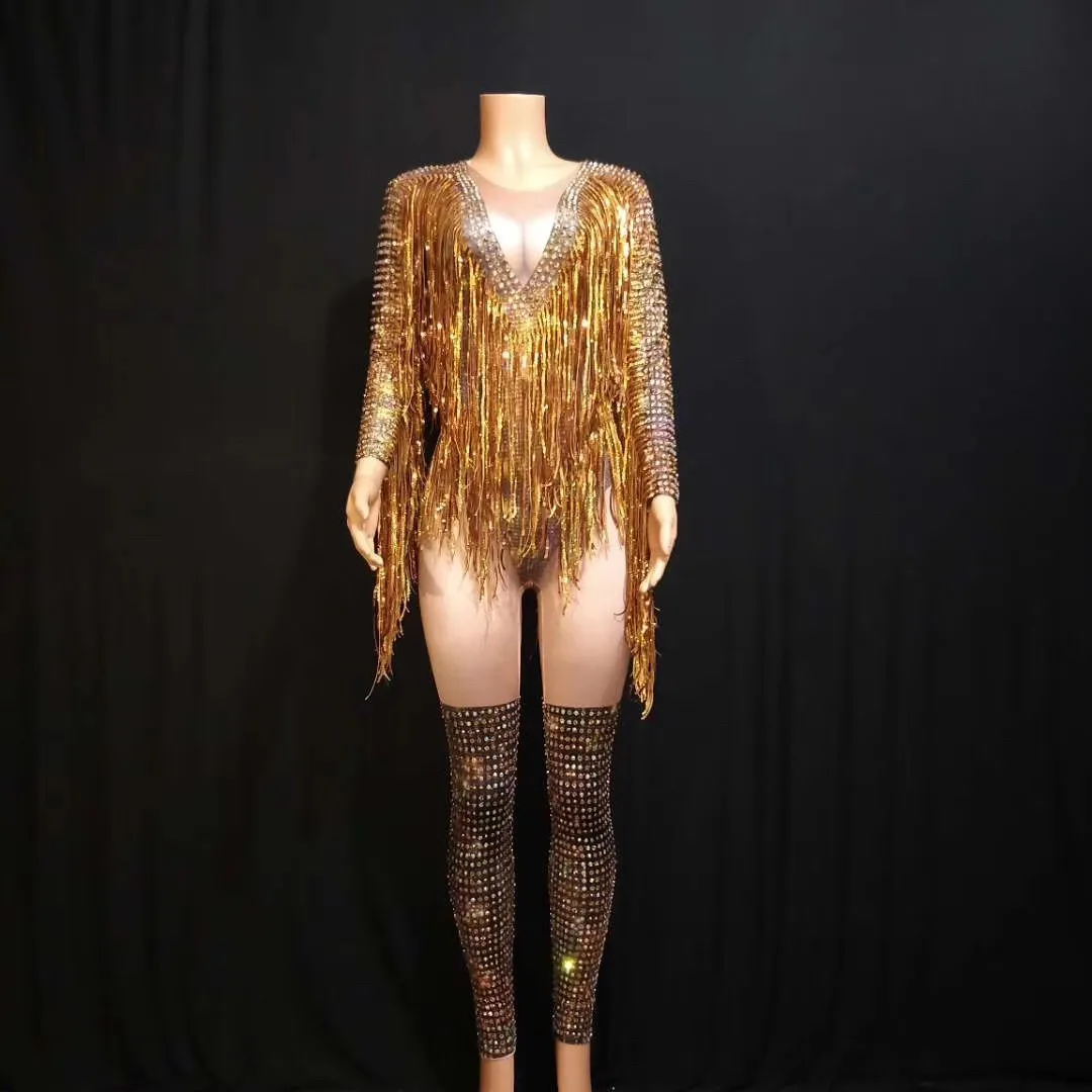 

Shining Diamonds Long Sleeve Bodysuits Glistening Gold Crystal Tassel Women Jumpsuits Nightclub DJ Singer Stage Dance Costume