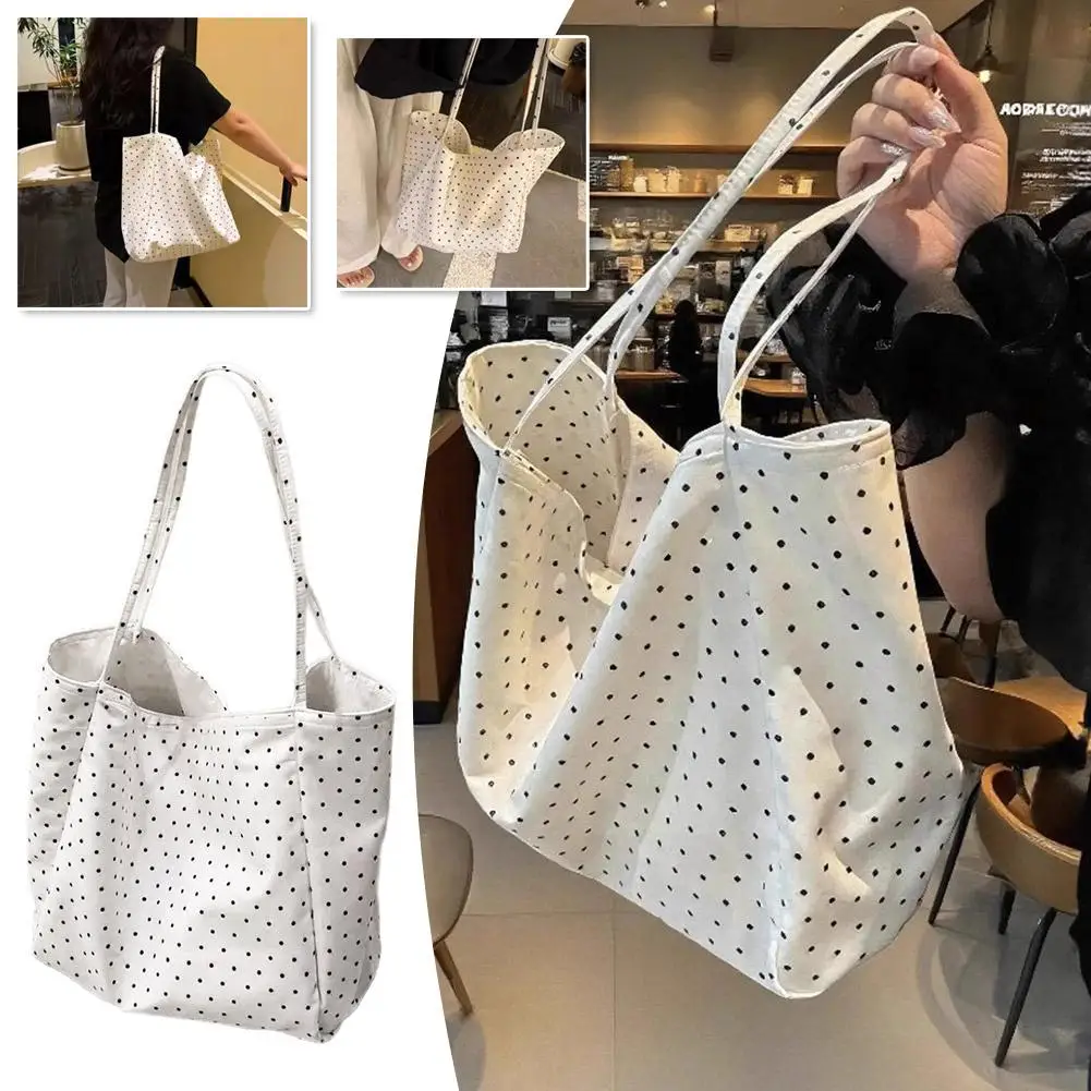 Large Capacity Shoulder Bag  New Polka-Dot Canvas Bag ﻿ Korean Edition Korean Tote Student Girl Versatile Commuter Bag