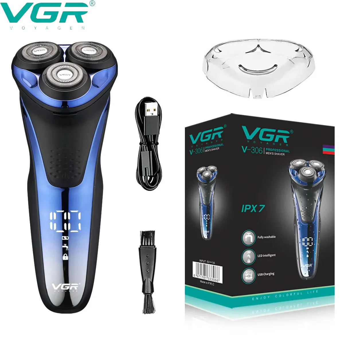 VGR Beard Trimmer Professional Cordless Foil Shaver IPX7 Waterproof Rechargeable Rotary Shaving Machine Electric Razor Men V-306