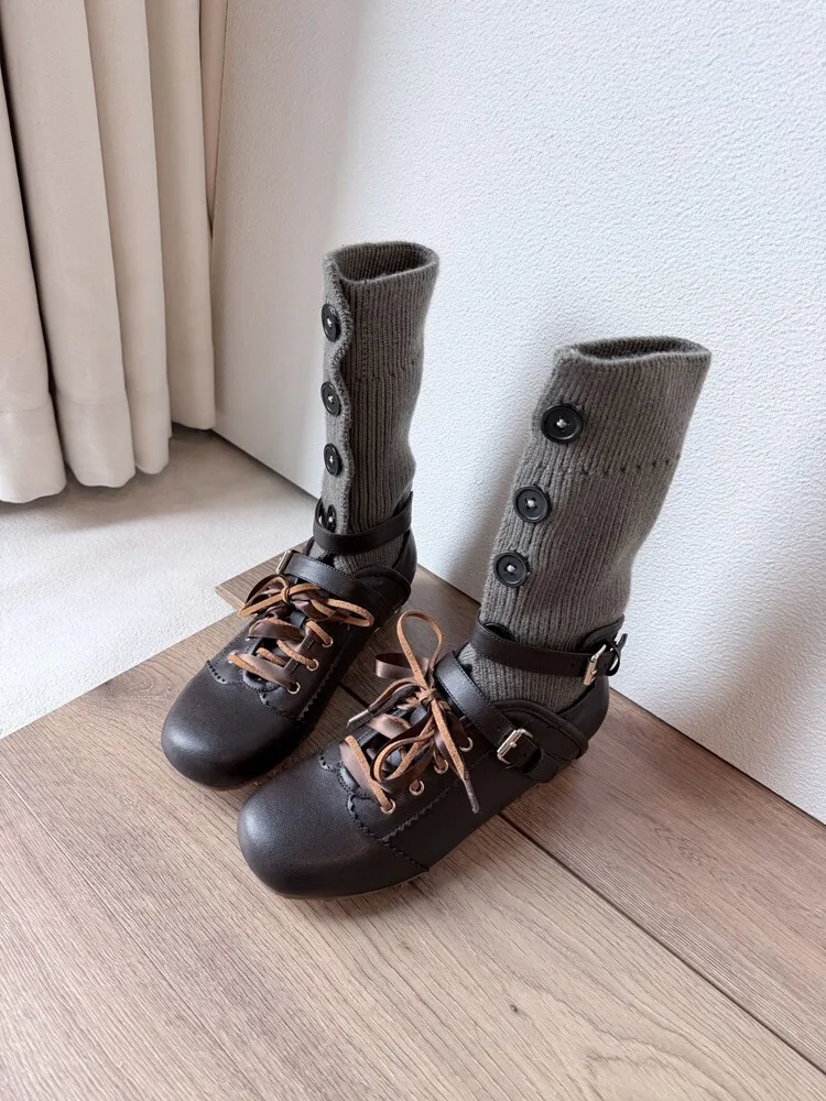 BANFANG 2.5CM Square Toe Ballet Lace Up Mid Calf Boots Women Soft Knit Stretch Hidden Heel Slim Fashion Shoes Casual Shoes