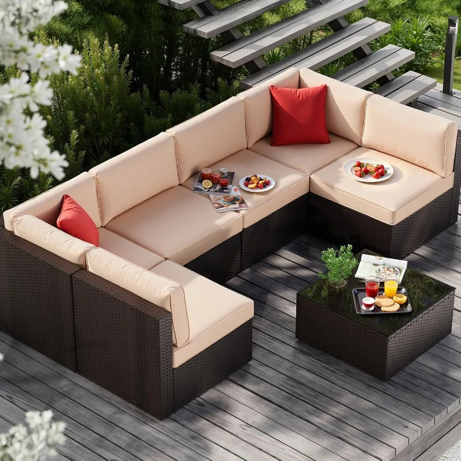 7 Pieces Outdoor AllWeather Wicker Patio Furniture Set with LShaped Rattan Sectional Sofa and Glass Table for Backyard Beige Id