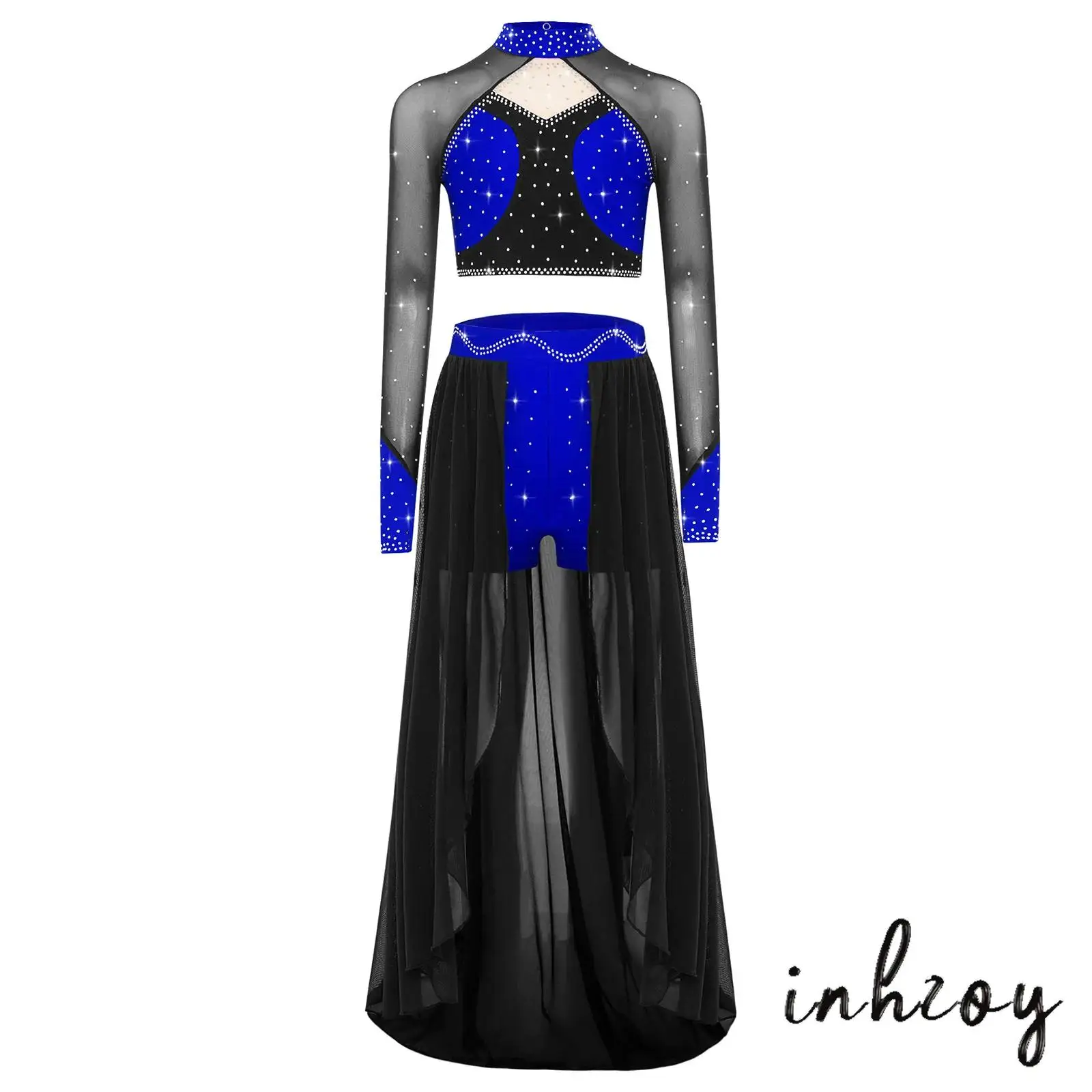 

Kids Girl Modern Lyrical Dance Outfit Shiny Rhinestones Long Sleeve Cutout Mesh Patchwork Color Block Crop Top+Shorts Skirt Set