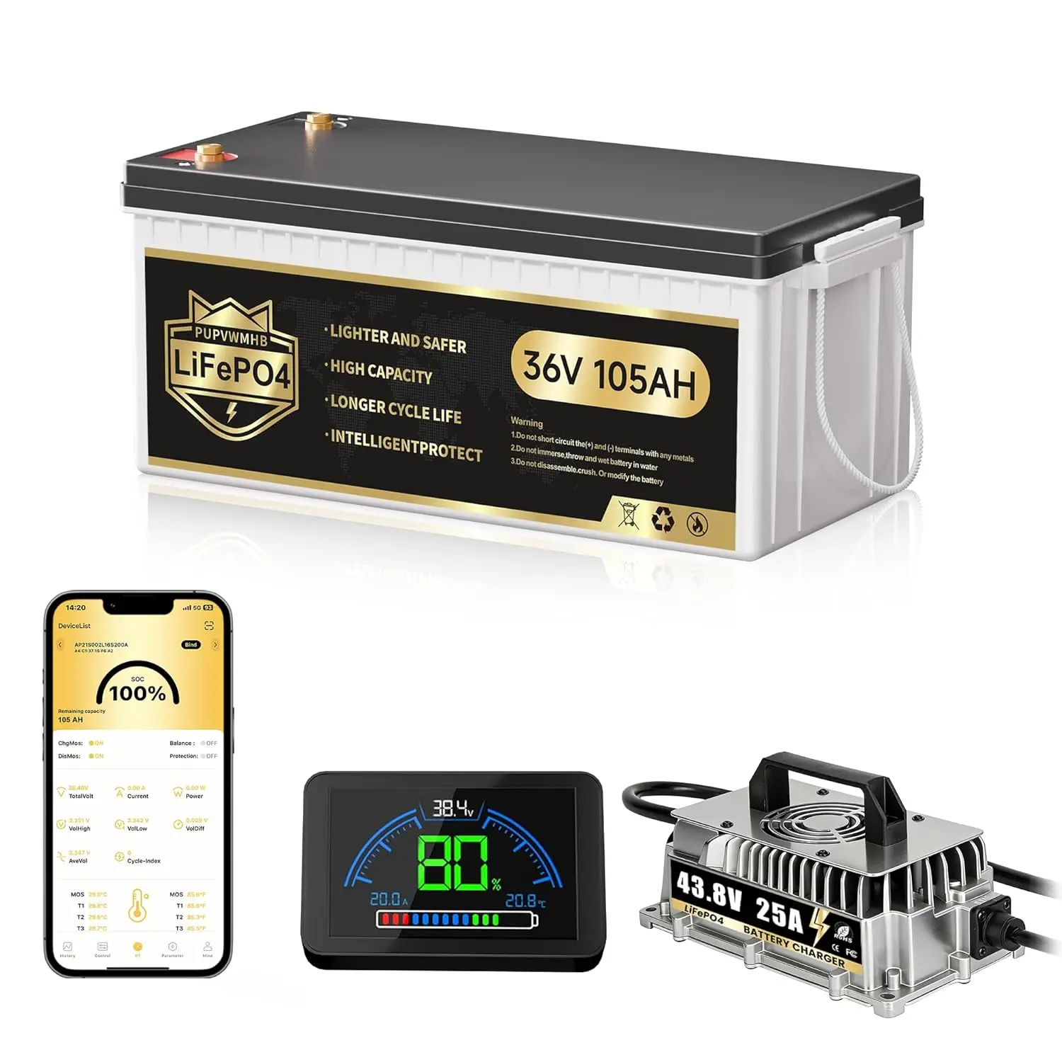 

36V Lithium Golf Cart Battery, 36 Volt 105Ah LiFePO4 Battery Built-in 200A BMS, Max Peak Current 1000A, Max 7.68kW, Custom