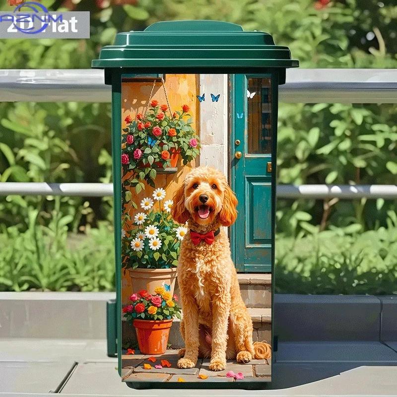 of Trash Can Sticker with a Cute Dog Enjoying Flowers at The Door. This Animal-Themed Design Is a Self-Adhesive Wall Decoratio