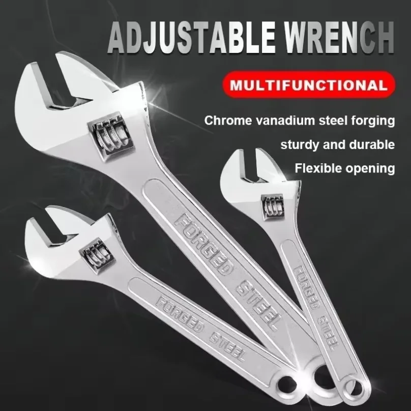 Openin Long Handle Universal Spanner  Adjustable Wrench Large Clamp Steel Mechanical Workshop Hand Repair Tools 6/8/10/12 inchs