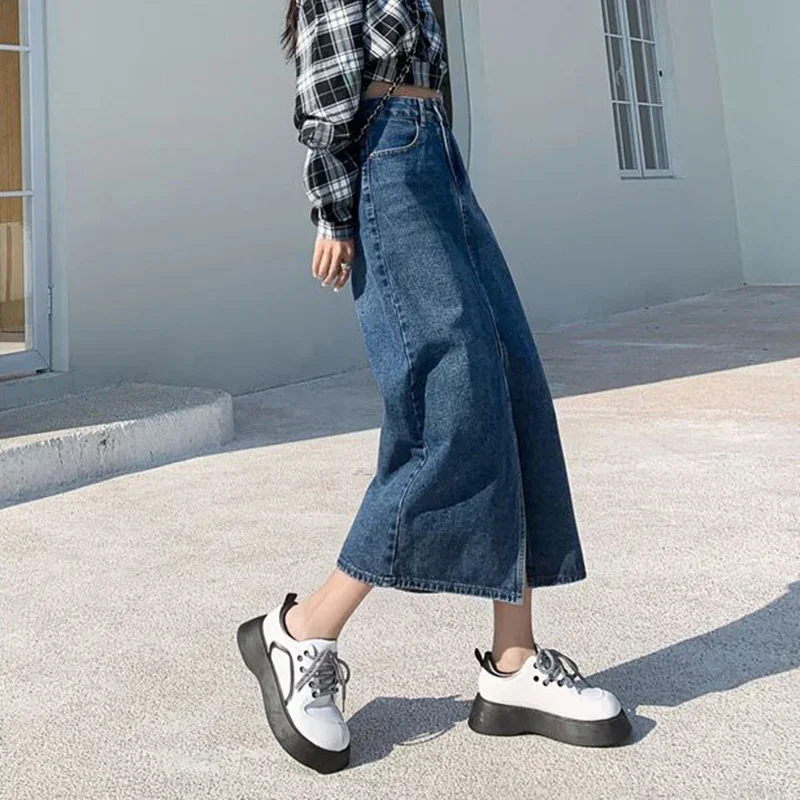 Female Classic Designer High Waist Jeans Skirt Girls Korean Slim Fit Mid-Long Dress Women Fashion A-line Slit Denim Skirts