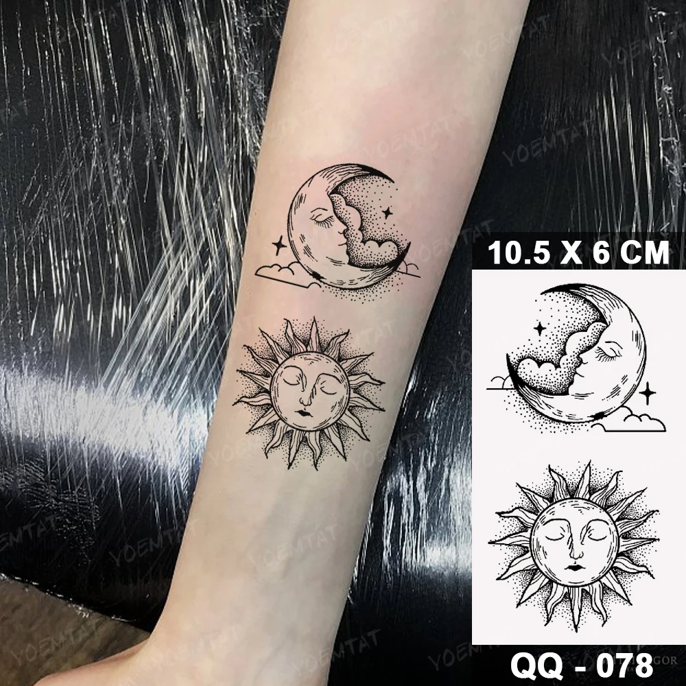 Etiqueta de tatuagem temporária impermeável, lua falsa, sol, linha preta, flash geométrico, mulheres, homens, criança, braço, tornozelo, arte