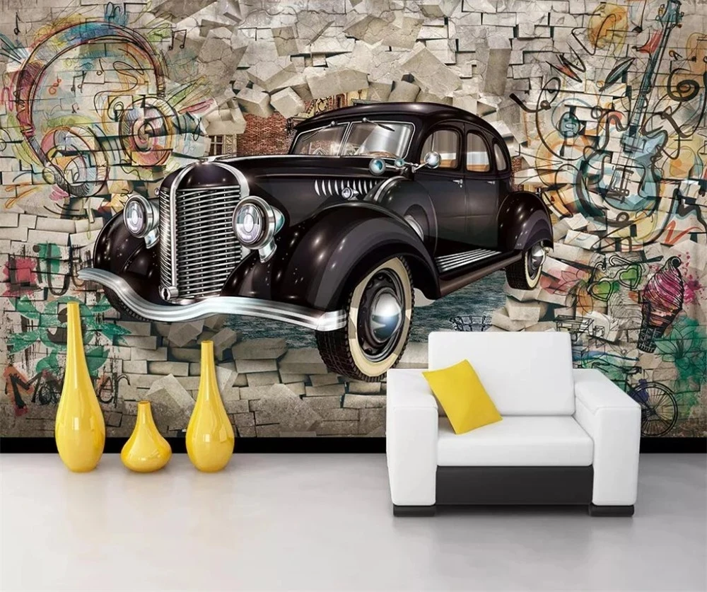 Customized wallpaper 3D Black car bricks graffiti Living room sofa TV background wall mural bedroom restaurant papel DE parede