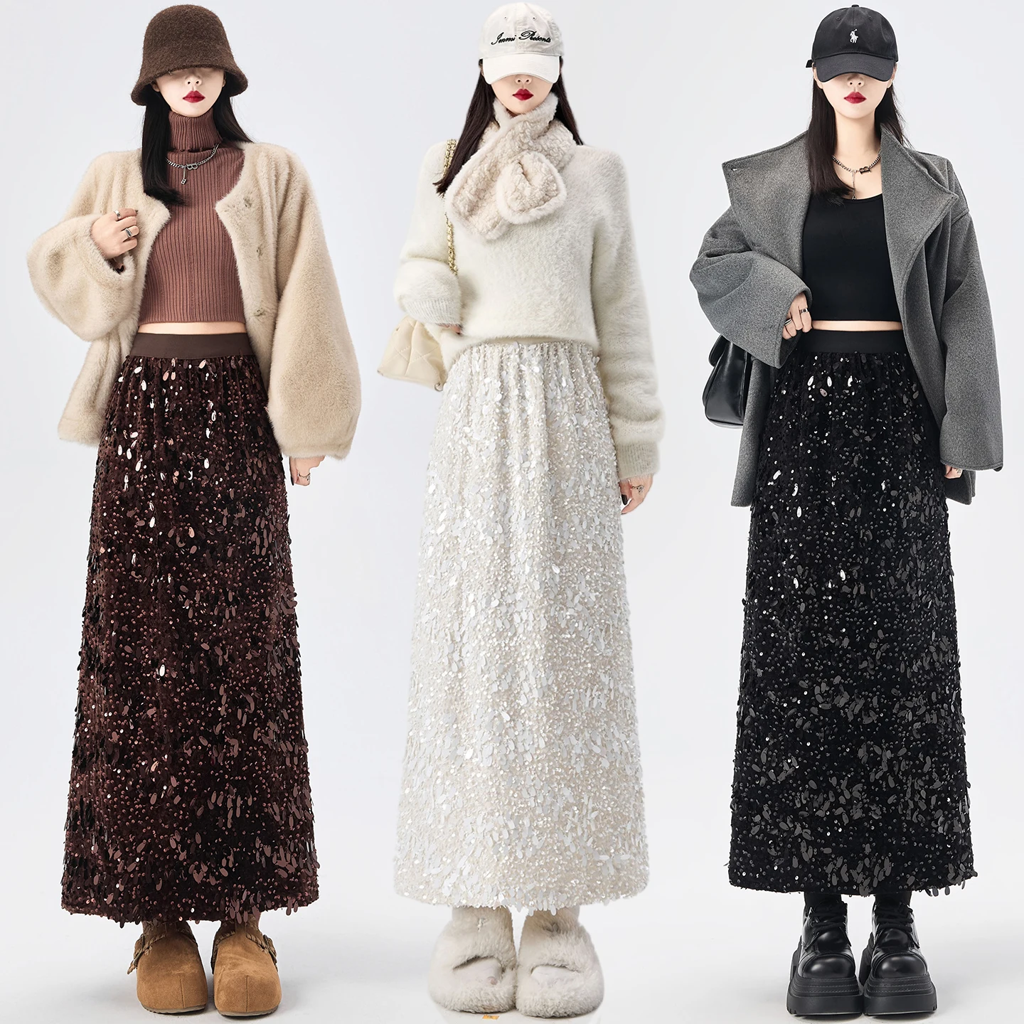 Vintage Sparkle Sequin Skirt For Women Black Coffee High Waist Slit Straight Pencil Skirt New Winter Elegant Fashion Date Wear